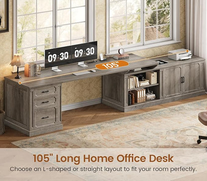SEDETA Farmhouse L Shaped Desk with Drawers, 70.9" Home Office Desk with Storage Cabinet and Storage Shelves, L Shaped Computer Desk with Power Outlet，Gray