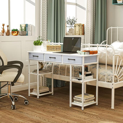 HOMCOM 47" Computer Desk with 3 Fabric Drawers, Home Office Desk with Adjustable Shelves, Small Writing Desk with Storage, White