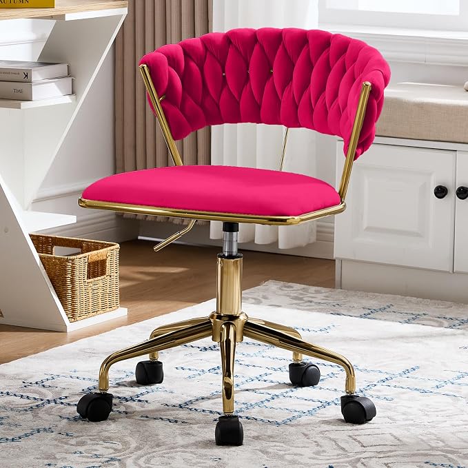 NIOIIKIT Home Office Chair, Velvet Upholstered Task Chair with Woven Open Back, 360° Swivel Desk Chair with Wheels, Adjustable Vanity Chair, Computer Chair for Office, Studio (Rose Red)