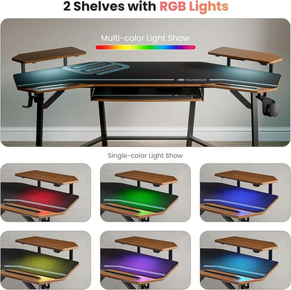 EUREKA ERGONOMIC 72" Gaming Desk W Keyboard Tray, Wing-Shaped Music Studio Desk, Large Computer Table W LED Convertible Monitor Stand Dual Headphone Hanger for Recording Live Streamer, Walnut Wood