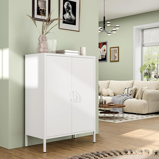 Bevivog Metal Locker Cabinet with 2 Doors, White Metal Accent Cabinets for Home Office, 40" Counter Height Storage Lockers Sideboard for Home Office Kitchen Living Room Hallway Entryway