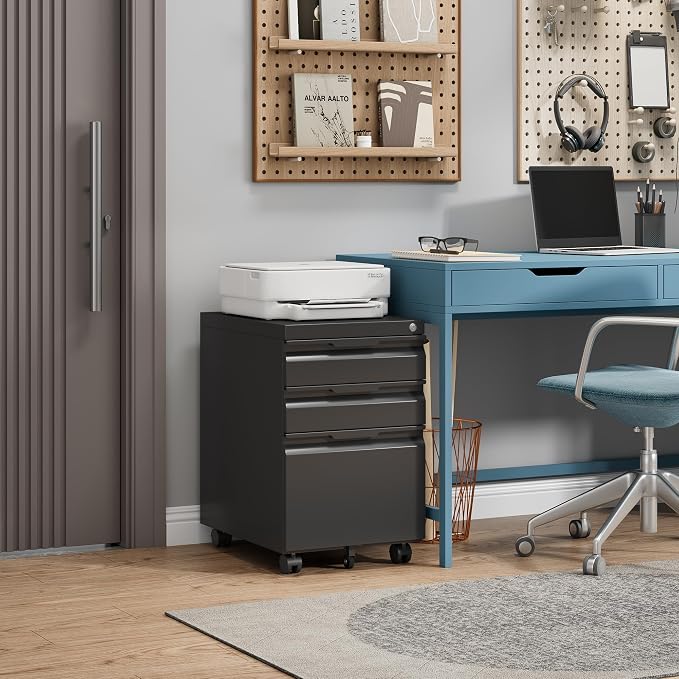 3 Drawer Mobile File Cabinet with Lock, Metal Filing Cabinet, Under Desk Rolling Small Filing Cabinet with Wheels for Home Office Storage, Fits Legal/A4/Letter/Document Size, Required Assembly, Black
