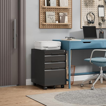 3 Drawer Mobile File Cabinet with Lock, Metal Filing Cabinet, Under Desk Rolling Small Filing Cabinet with Wheels for Home Office Storage, Fits Legal/A4/Letter/Document Size, Required Assembly, Black