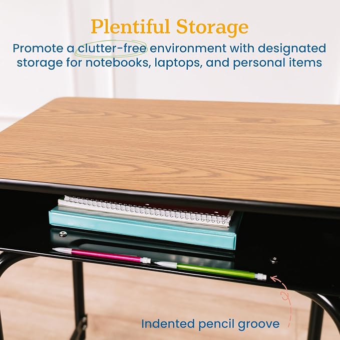 ECR4Kids Open Front Desk with Metal Storage Book Box, Adjustable, Classroom Furniture, Oak