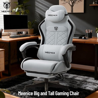 Big and Tall Gaming Chair Fabric with Pocket Spring Cushion, High Back Heavy Duty Gaming Chairs for Adults with Massage Lumbar Support, Ergonomic Computer Chair with Footrest for 400LBS Gray