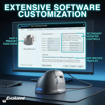 Evoluent – World's Original Vertical Mouse, Wired Ergonomic Mouse for Right Hand, Medium to Large, Helps with Carpal Tunnel and Wrist Strain, Customizable 6 Buttons, 4 Speed Settings, Comfortable Grip