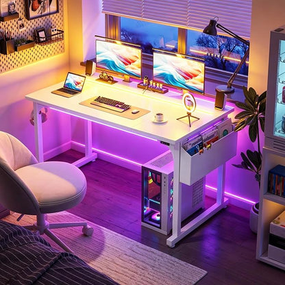 DurayLoly 48 Inch Computer Desk with LED Lights for Home Office,Bedroom Study Desk for Teens, Sturdy Metal Frame,Headphone Hook & Storage Bag,Small Space Design,White