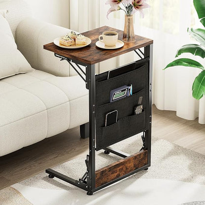 Folding TV Tray Table, 28.8" Tall C-Shaped Side Table for Couch and Bed, Slide Under Sofa Side Desk with Storage Bag - Sturdy Metal Frame Tray for Living Room, Bedroom, Home & Office (Rustic Brown)