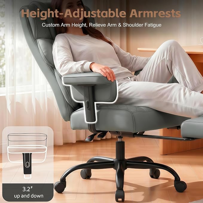 Vonesse Big and Tall Office Chair, Desk Chair with Soft Adjustable Armrests, Ergonomic High Back Gaming Chair with Lumbar Support, Executive Computer Chairs with Footrest (PU Leather, Gray)