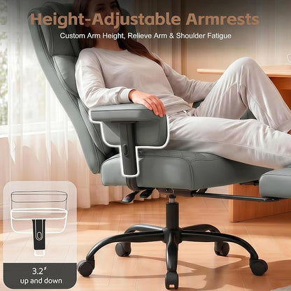 Vonesse Big and Tall Office Chair, Desk Chair with Soft Adjustable Armrests, Ergonomic High Back Gaming Chair with Lumbar Support, Executive Computer Chairs with Footrest (PU Leather, Gray)