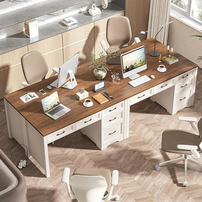Vabches 55 Inch Farmhouse Desk with 5 Drawers, Large Home Office Computer Desk with Adjustable File Drawer, Executive Workstation with Storage for Study Writing Work, White