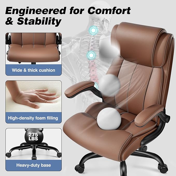 BESTFAIR Ergonomic Office Chair - Desk Computer Chair, Leather High Back Executive Chairs with Adjustable Lumbar Support & Flip Up Arms, Brown 2 Pack