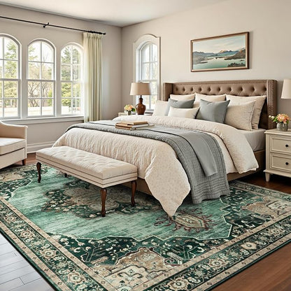 Lofus 8x10 Emerald Green Washable Rugs Non-Slip, Vintage Floral Area Rug for Living Room Bedroom Dining Room Kitchen, Low Pile Distress Print Medallion Carpet Home Decor Rug