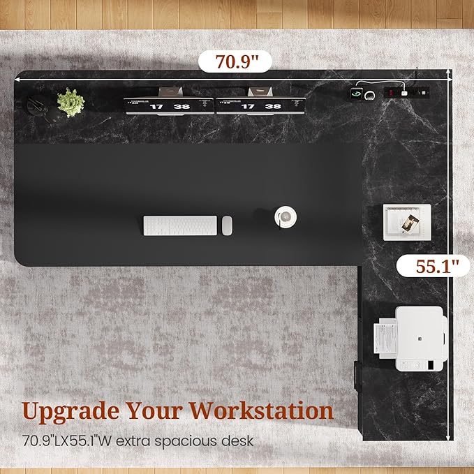 UPOSOJA 71" Executive Desk, Large Office Desk with Drawers & Storage Shelves, Modern L Shaped Computer Desk Corner Desk with Power Outlets, File Cabinet, Business Furniture Desk Workstation (Black)