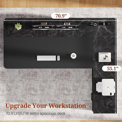 UPOSOJA 71" Executive Desk, Large Office Desk with Drawers & Storage Shelves, Modern L Shaped Computer Desk Corner Desk with Power Outlets, File Cabinet, Business Furniture Desk Workstation (Black)