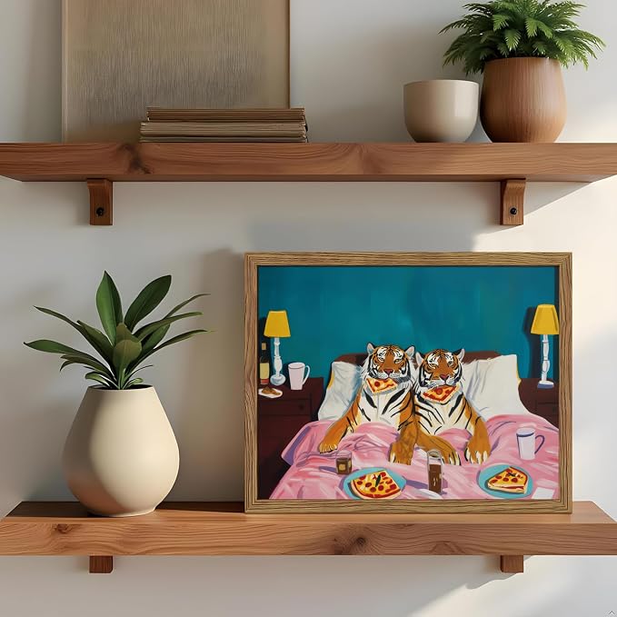 Framed Tiger Pizza Wall Art, Dopamine Wall Decor Canvas Print, Vintage Fun Tiger Eating Pizza in Bed Poster, Abstract Animal Picture Painting Art for Bedroom Living Room Home Decor 8x10 inch