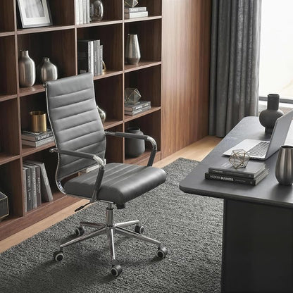 Okeysen Grey Office Desk Chair, Ergonomic Leather Modern Conference Room Chairs, Executive Ribbed Height Adjustable Swivel Rolling Chair for Home Office.