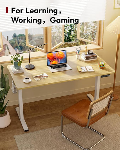 SANODESK Electric Standing Desk 55 x 28 Inches Whole-Piece Desktop Height Adjustable Stand Up Desk w/6-Button Controller Ergonomic Computer Desk for Home Office, White Frame + Natural Tabletop