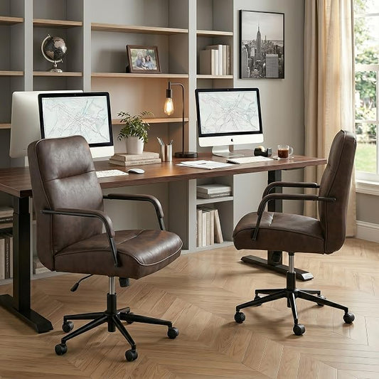 KISLOT Ergonomic Home Office Chair with Lumbar Support, Adjustable Swivel Modern Desk Chair with Wheels, Faux Leather Computer Chair with Padded Arms, Comfy Executive Office Chair, 2 PCS, Espresso