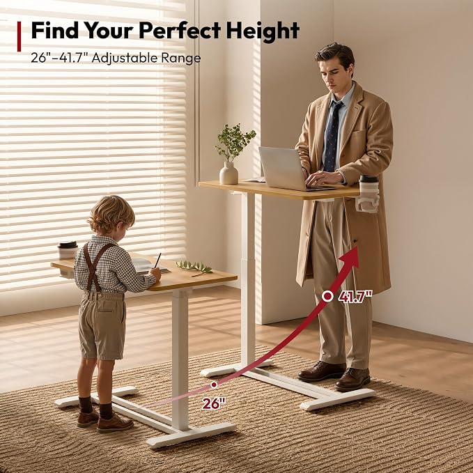 SANODESK Medical Adjustable Overbed Bedside Table with Hidden Casters, Pneumatic Mobile Laptop Computer Standing Desk Cart with Tray, Hospital and Home Use(31.5" W x 17.7" D, Maple)