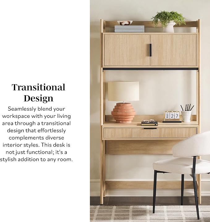 Walker Edison Modern Transitional Interior Design Reeded Desk with Hutch and Drawers, Built-in Tech, Desk with Cord Management, Storage for Small Living Spaces, 38”W x 19”D x 70”H, Coastal Oak