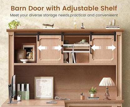 SEDETA 67" Farmhouse Desk with Hutch, L Shaped Office Desk with 4 Drawers & Storage Cabinet, Executive Corner Computer Desk with Sliding Doors, File Drawer & Power Outlet for Home Office, Oak