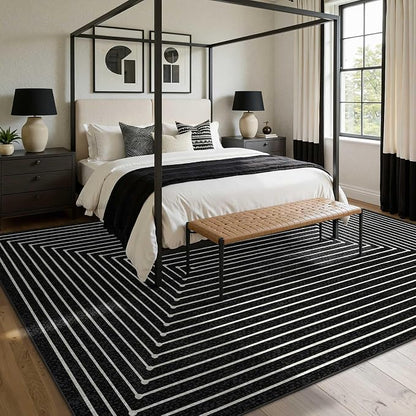 Latte&Fog 10x14 Area Rug for Living Room, Extra Large Black Modern Abstract Washable Rugs, Boho Non Slip Low Pile Carpet for Indoor Bedroom Dining Room, Office, Dorm, Classroom and Farmhouse