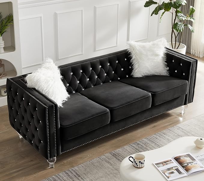 Mikibama Velvet 3 Seater Sofa Couch with Buttons and Square Arms 83.07 Inch Tufted 3-seat Sofas with Trimmed Nailhead and Acrylic Legs Modern Couches for Living Room,Bedroom (Black-crystal Legs, Sofa)