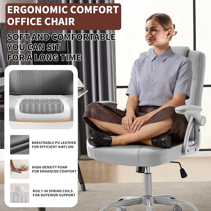 Executive Office Chair, Ergonomic PU Leather Computer Chairs, Executive Breathable Desk Chair with Padded Flip-Up Arms, 360° Swivel Rolling Chair Comfy Padded for Working Studying Gaming (Gray)