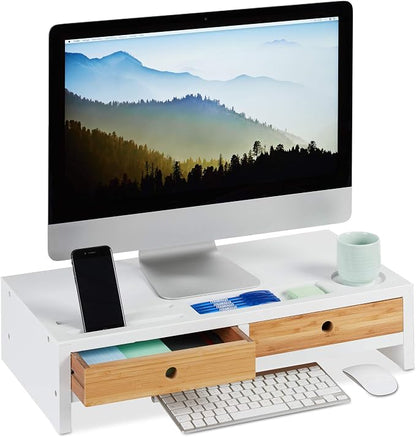 Relaxdays Bamboo PC Monitor Stand, Screen Riser with 2 Drawers & Compartments, Computer Workstation HWD 14 x 60 x 30 cm, White/Natural