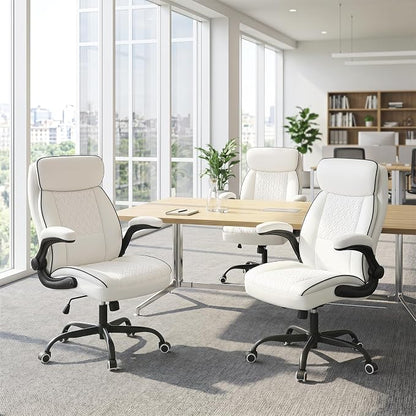 White Office Chair 400lbs, Modern Executive Desk Chair with Lumbar Support, Comfortable Computer Chair with Flip-up Armrests, Adjustable Height Swivel Reclining Chair for Home Office, Faux Leather