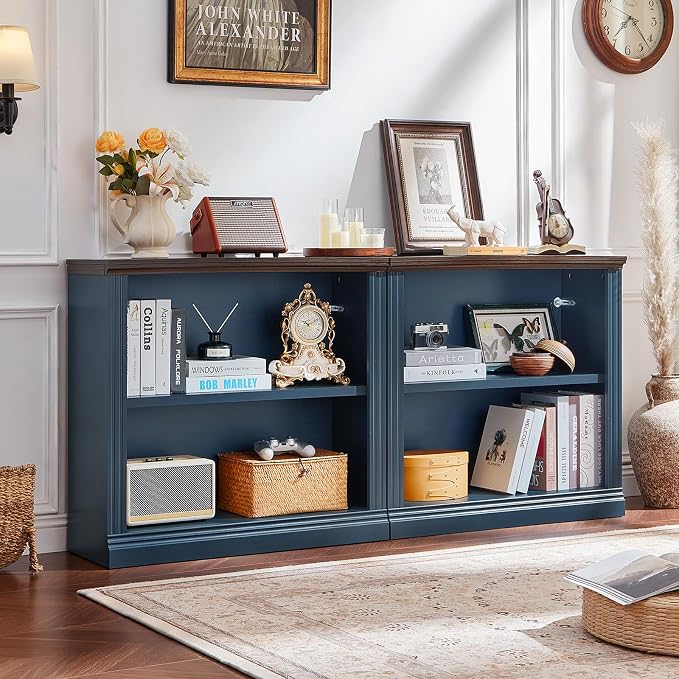 RWYHG 30" Blue Bookshelf Set of 2,2-Tier Thick Wood Book Shelf with Adjustable Shelves,Free Standing Farmhouse Bookcase with Open Display Storage,Floor Vintage Bookshelves for Living Room,Office