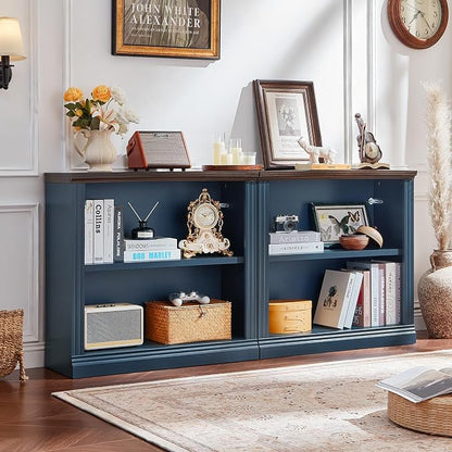 RWYHG 30" Blue Bookshelf Set of 2,2-Tier Thick Wood Book Shelf with Adjustable Shelves,Free Standing Farmhouse Bookcase with Open Display Storage,Floor Vintage Bookshelves for Living Room,Office