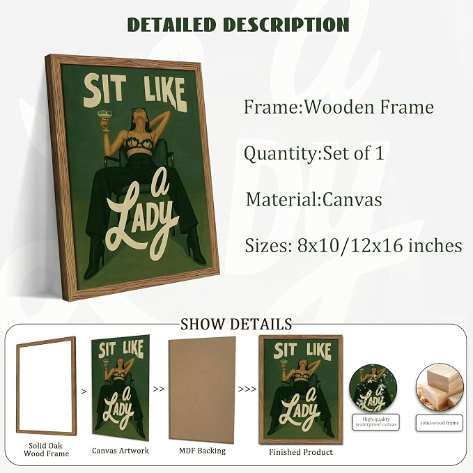 Framed Feminist Wall Art, Vintage Sit Like a Lady Green Wall Decor, Bold Girl Power Feminine Poster Print, Retro Empowering Female Canvas Painting Aesthetic for Bedroom Dorm 12x16 inch