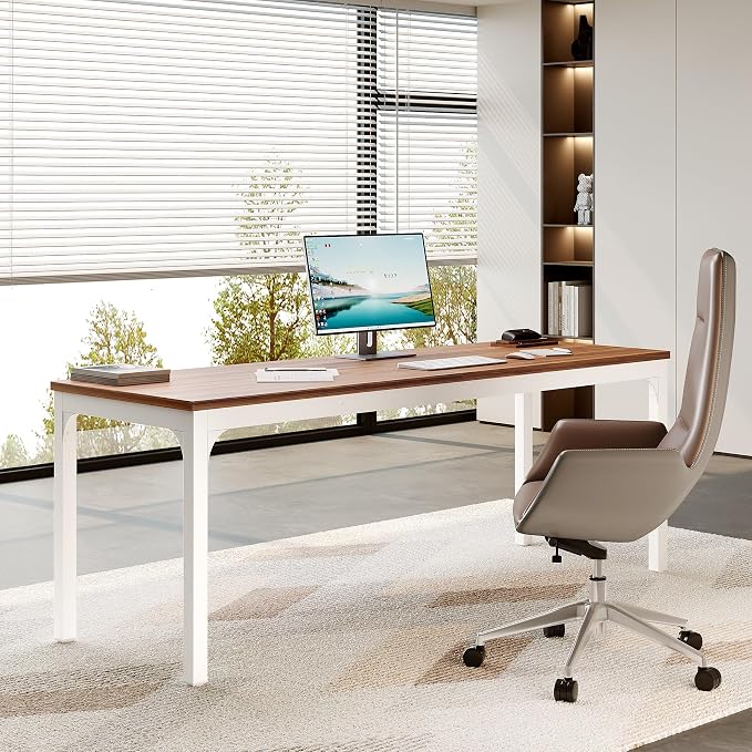 LITTLE TREE 78.7-Inch Ultra Long Double Desk, Writing Gaming Work Computer Two-Person Desk for Home Office, Walnut + White