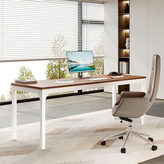 LITTLE TREE 78.7-Inch Ultra Long Double Desk, Writing Gaming Work Computer Two-Person Desk for Home Office, Walnut + White