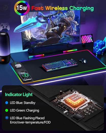 Wireless Charging Mouse Pad with Phone Stand, 31.5"x15.8" Large | Gaming Mousepad RGB Desk Mat, Smooth Glide, Stitched Edge, Non-Slip Rubber Base, Waterproof Keyboard Mat, with Adatper