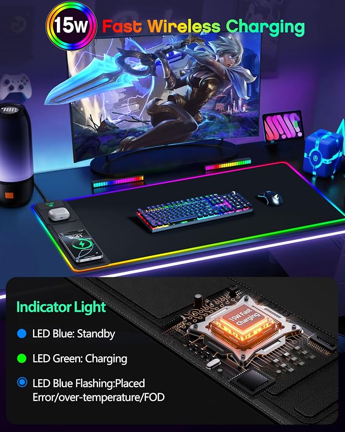 Wireless Charging Mouse Pad with Phone Stand, 31.5"x15.8" Large | Gaming Mousepad RGB Desk Mat, Smooth Glide, Stitched Edge, Non-Slip Rubber Base, Waterproof Keyboard Mat, No Adatper