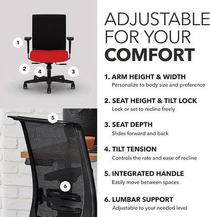HON Convergence Ergonomic Office Chair with Mesh Back, Adjustable Arms, Lumbar Support, Synchro‑Tilt Desk Chair with Wheels for Home Office or Computer Use, Black Frame, Ruby