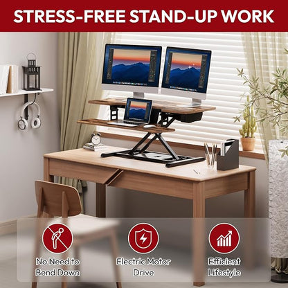 SANODESK Standing Desk Converter with Electric Motor 35" Height Adjustable Desk Riser for Office Home,Monitor and Laptop Workstation with Large Keyboard Tray, Rustic Color
