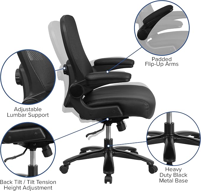 Flash Furniture Big & Tall Swivel Office and Gaming Chair with LeatherSoft Seat, Mesh Office Chair with Flip-Up Armrests and Adjustable Height, Black