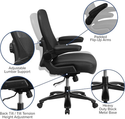 Flash Furniture Big & Tall Swivel Office and Gaming Chair with LeatherSoft Seat, Mesh Office Chair with Flip-Up Armrests and Adjustable Height, Black