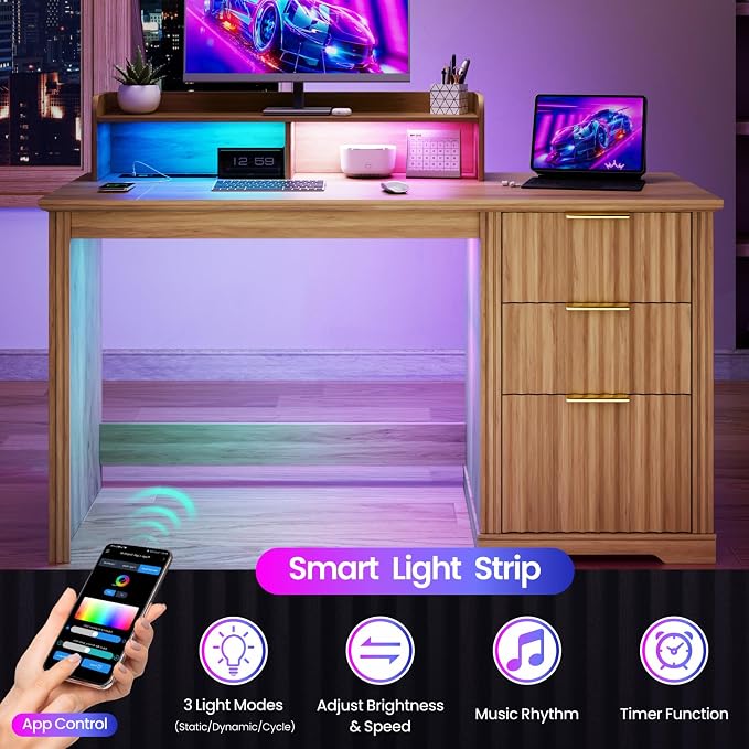 Lareth Computer Desk with Monitor Stand, 47 inch Home Office Desk with RGB LED Lights and Power Outlets, Writing Desk with Storage File Drawer for Working Gaming Writing, Wood