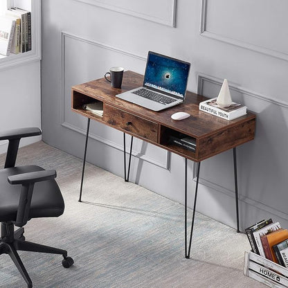 VECELO 39.3" Home Office Work Table with Drawers,Computer Desk with Hairpin Leg for Writing/Study,Retro Brown