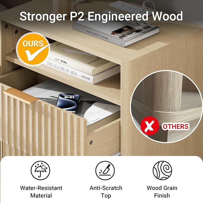 Fluted Nightstand, 23" Wide Night Stand, Modern Nightstand with Charging Station, 2 Drawer Large End Table w/Storage, Bedside Table for Bedroom Sofa Home Office, Curved Corners, Natural Oak