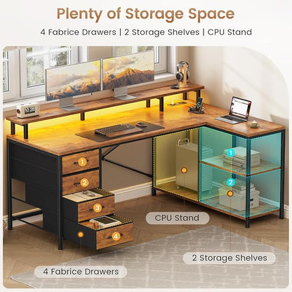 SEDETA L Shaped Desk with 4 Drawers and Storage Shelves, L Shaped Gaming Desk with LED Lights & Power Outlets, Computer Desk with Shelves & Drawer, Corner Desk Home Office Desk, Rustic Brown