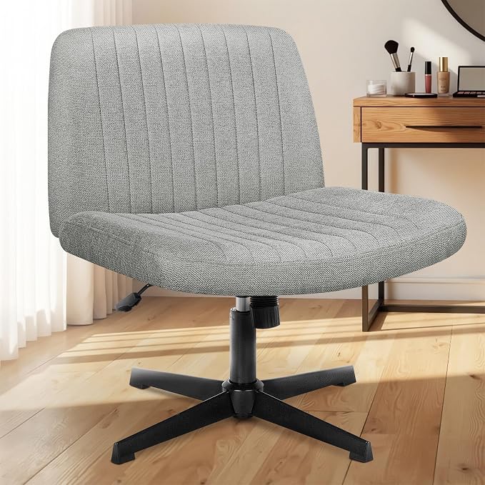 NEO CHAIR Criss Cross Chair No Wheel Vanity Desk Chair Wide Armless Cross Legged Office Comfy Makeup Adjustable Computer Task for Home Office Fabric (Grey)