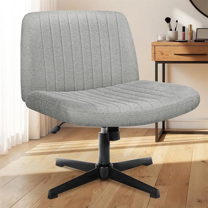 NEO CHAIR Criss Cross Chair No Wheel Vanity Desk Chair Wide Armless Cross Legged Office Comfy Makeup Adjustable Computer Task for Home Office Fabric (Grey)