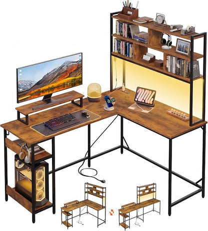 DEVAISE 60 Inch L Shaped Gaming Desk with Drawers and Storage, Corner Desk with LED Lights, Power Outlets, Computer Desk with Monitor Stand, Office Desk for Home, with Hutch, Rustic Brown