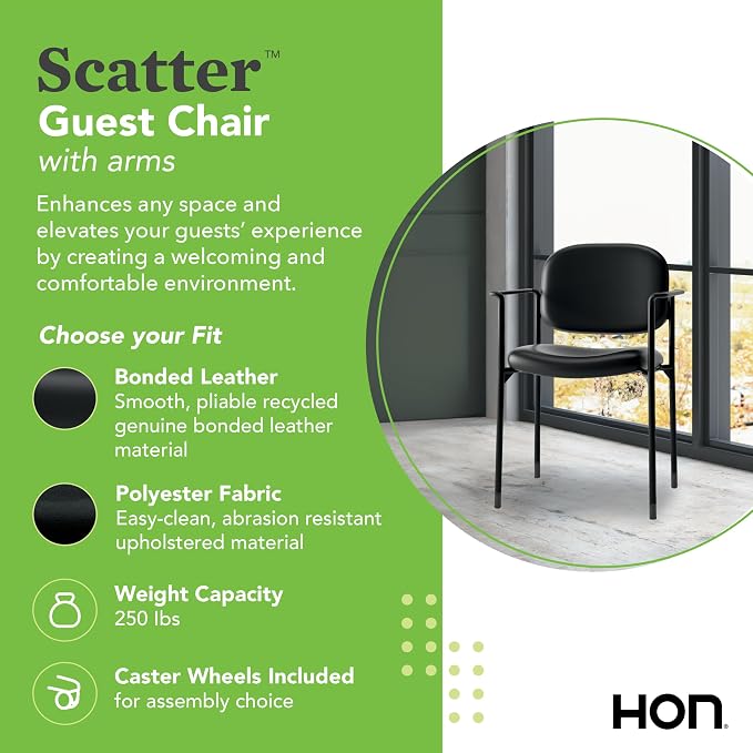 HON Scatter Fabric Guest Office Chair with Arms, Stackable Seating for Waiting Rooms, Lobbies, Conference Areas, and Offices, Side Chair for Reception and Training Spaces, Black